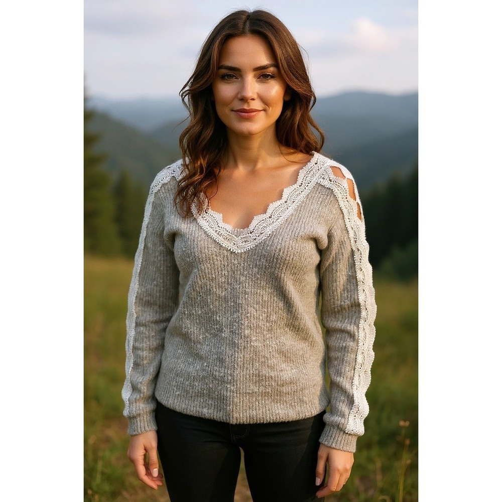 Gray Boucle Knit Sweater with Crochet‎ Lace Trim Women's Size Small